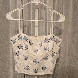 FREE PEOPLE White Floral Embroidered Cropped Cami with Blue Flower Detail
